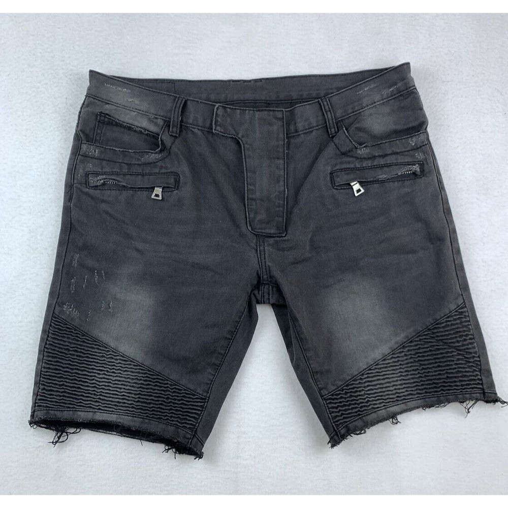 Balmain Paris Mens Biker Moto Shorts Sz 38 Distressed Faded Black